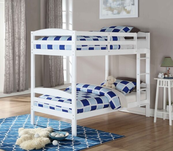 white wooden bunk bed convertible into two beds