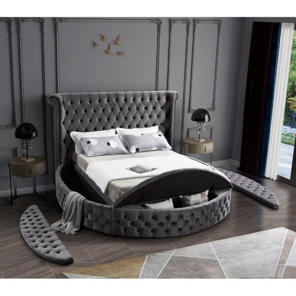 grey velvet fabric bed