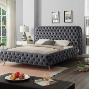 grey velvet fabric bed