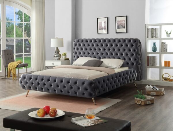 grey velvet fabric bed