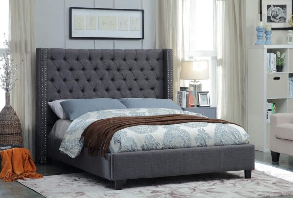 Premium Grey Fabric Wing Bed with Deep Button Tufting and Nail head Details Includes Mattress Support